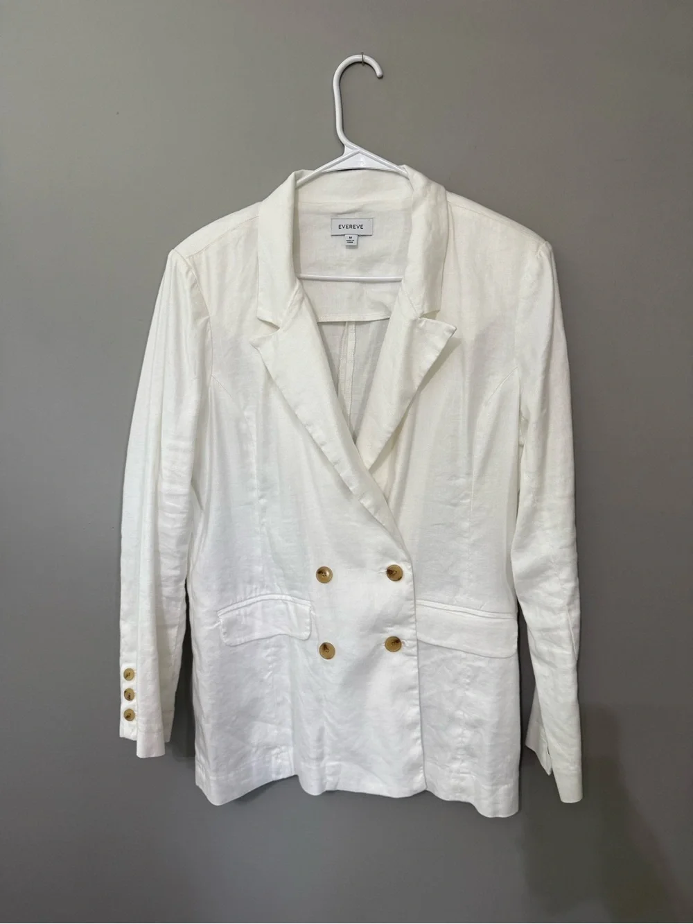 Evereve Double-Breasted Cream Linen Blazer with Gold Buttons